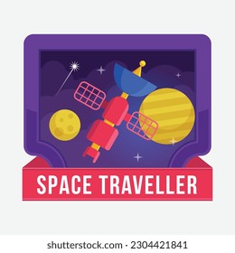 Cartoon psychedelic retro space sticker flat style on white background. Space set of bright stickers. Rocket, astronaut, space, planet. Surreal art bright illustration. Vector illustration