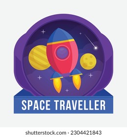 Cartoon psychedelic retro space sticker flat style on white background. Space set of bright stickers. Rocket, astronaut, space, planet. Surreal art bright illustration. Vector illustration