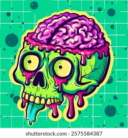 Cartoon psychedelic zombie head with pink slime. Psychedelic trippy skull with brains out.