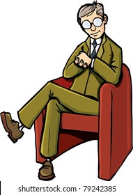 Cartoon psychiatrist sitting on his chair. Isolated on white
