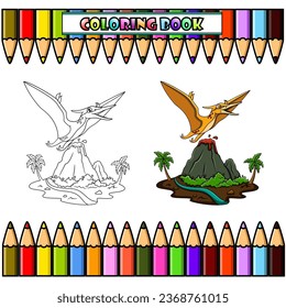 Cartoon Pteranodon flying in the jungle for coloring book