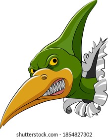 The cartoon of the pteranodon head come out from the big wall for the storybook dinosaur 