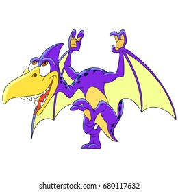 Cartoon pterodactyl dinosaur, isolated on white background. Colorful book page for kids and children.