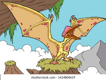 Cartoon pterodactyl on rock. A4