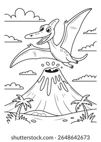 a cartoon pterodactyl soars above a volcano in this black and white coloring page. palm trees and clouds complete the prehistoric scene.