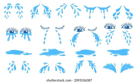 Cartoon puddles, tears, drops or sweat, crying eyes. Water droplets. Pain, cry, despair or sad emotion expression. Comic teardrop vector set. Illustration of tear and raindrop, fluid eye