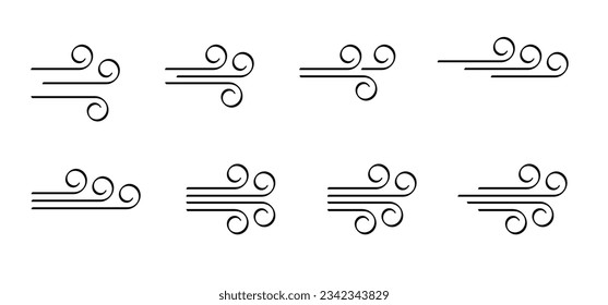 Cartoon puff of wind blow line symbol. Set, blowing wind, weather, environment. Gust pictogram. Smoky stream. Wind trails. Dust spray and smoky stream and wind blowing trails. Windy weather, forecast.