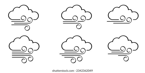 Cartoon puff of wind blow line symbol. Cloud, blowing wind, weather, environment. Gust pictogram. Smoky stream. Wind trails. Dust spray and smoky stream and blowing trails. Windy weather, forecast.