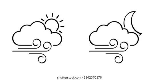 Cartoon puff of wind blow line symbol. Cloud, sun, moon, blowing wind, weather. Gust pictogram. Smoky stream. Wind trails. Dust spray and smoky stream and wind blowing trails. Windy weather, forecast.