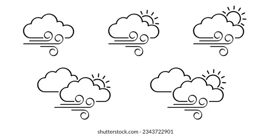 Cartoon puff of wind blow line symbol. Cloud, sun, moon, blowing wind, weather. Gust pictogram. Smoky stream. Wind trails. Dust spray, smoky stream and wind blowing trails. Windy weather, forecast.