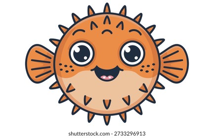 El pez globo de dibujos animados con una expresión alegre y un cuerpo de color naranja espigado flota felizmente en un simple fondo blanco que muestra sus grandes ojos redondos y su sonrisa amigable, lo que lo convierte en un personaje encantador y encantador adecuado para varios proyectos creativos y aplicaciones.