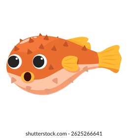Cartoon puffer fish is opening its mouth in surprise, showing its spikes and big eyes