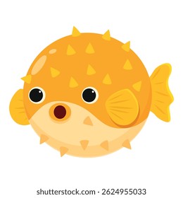 Cartoon puffer fish swimming, displaying its vibrant colors and spiky texture, creating a cheerful underwater scene
