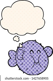 cartoon puffer fish with thought bubble in comic book style
