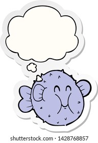 pez globo de dibujos animados con burbuja de pensamiento como pegatina impresa