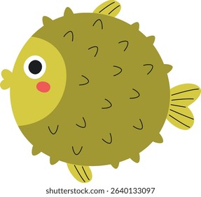 A cartoon pufferfish with spikes and a round body in a playful style. The fish has a cheerful expression and simple features. Cartoon vector illustration.