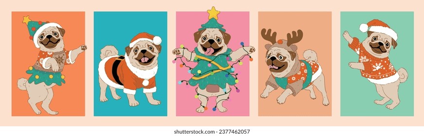 Cartoon pug Bulldog dog wearing christmas costumefor christmas day illustration Premium Vector		