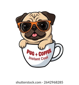 Cartoon Pug in Coffee Cup with Sunglasses Vector Illustration