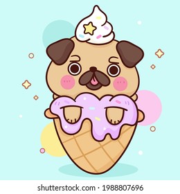 Cartoon Pug cute vector Dog in sweet ice cream dessert Pet logo yummy food: Series Kawaii animal puppy character.Isolated on pastel background (girly doodle) mammal Illustration.Perfect Nursery child.