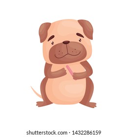 Cartoon pug does a manicure. Vector illustration on white background.