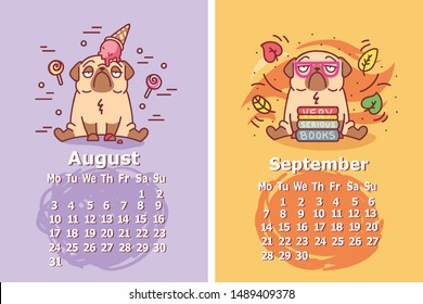 cartoon pug dog character with melting ice cream and lollipops and in glasses with books and autumn leaves around vector illustration of august and september 2020 calendar