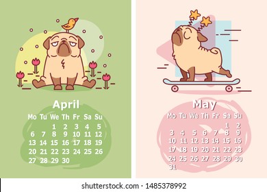 cartoon pug dog character on skateboard and with tulips around and bird on its head vector illustration of march and april 2020 calendar