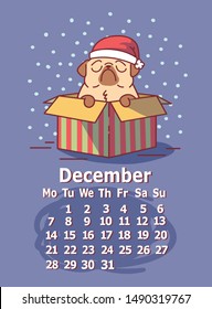 cartoon pug dog character sitting in gift box in santa claus costume with falling snow on background vector illustration of december 2020 calendar template