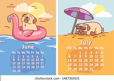cartoon pug dog characterwith inflatable flamingo tube and at the beach under the umbrella vector illustration of june  and july2020 calendar