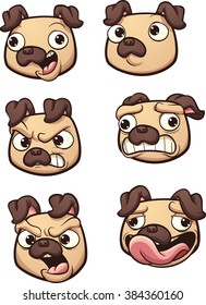 Cartoon Pug dog with different expressions. Vector clip art illustration with simple gradients. Each on a separate layer.