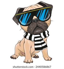 Cartoon Pug Dog with pink glasses and scarf isolated on a white background