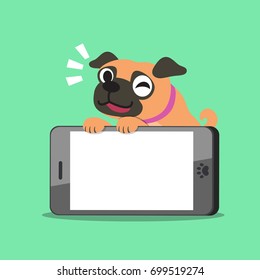 Cartoon pug dog and smartphone