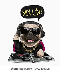 cartoon pug dog in sunglasses and headphone illustration