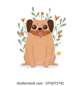 cartoon pug dog in tutu with magic wand character vector illustration