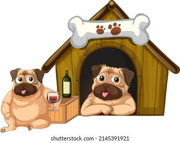 Cartoon Pug Dogs And Doghouse Illustration