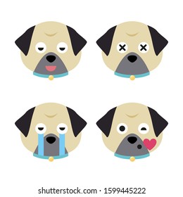 Cartoon pug faces set. Adorable puppies. Cute flat vector illustration.