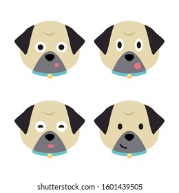Cartoon pug faces set. Adorable puppies. Cute flat vector illustration.