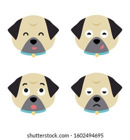 Cartoon pug faces set. Adorable puppies. Cute flat vector illustration.