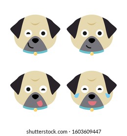 Cartoon pug faces set. Adorable puppies. Cute flat vector illustration.