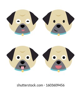 Cartoon pug faces set. Adorable puppies. Cute flat vector illustration.