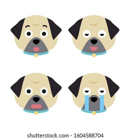 Cartoon pug faces set. Adorable puppies. Cute flat vector illustration.