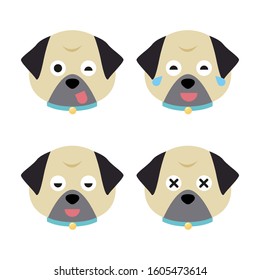 Cartoon pug faces set. Adorable puppies. Cute flat vector illustration.