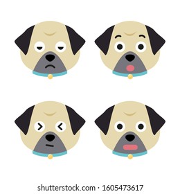 Cartoon pug faces set. Adorable puppies. Cute flat vector illustration.