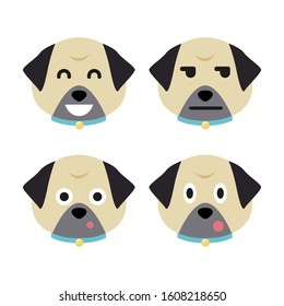 Cartoon pug faces set. Adorable puppies. Cute flat vector illustration.