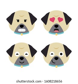 Cartoon pug faces set. Adorable puppies. Cute flat vector illustration.