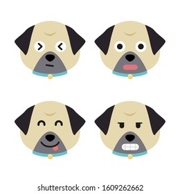 Cartoon pug faces set. Adorable puppies. Cute flat vector illustration.