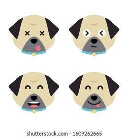 Cartoon pug faces set. Adorable puppies. Cute flat vector illustration.