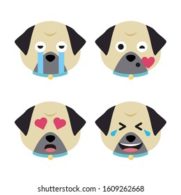 Cartoon pug faces set. Adorable puppies. Cute flat vector illustration.