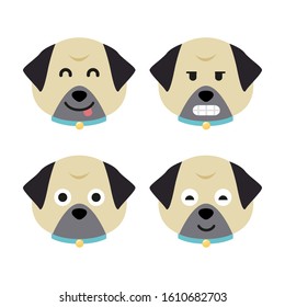 Cartoon pug faces set. Adorable puppies. Cute flat vector illustration.