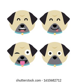 Cartoon pug faces set. Adorable puppies. Cute flat vector illustration.
