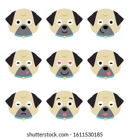 Cartoon pug faces set. Adorable puppies. Cute flat vector illustration.
